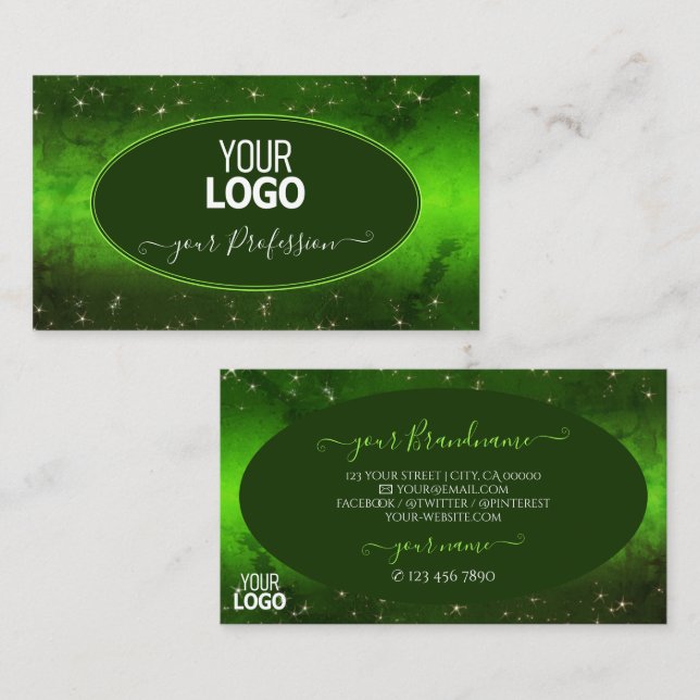 Green Marbled Pattern Cute Glitter Stars with Logo Business Card (Front/Back)