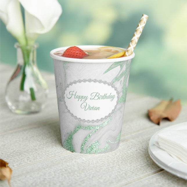 Green Marbled Personalised Special Occasion  Paper Cups (Insitu)