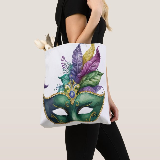 GREEN MARDI GRAS MASK PINK PURPLE FEATHERS TOTE BAG (Close Up)