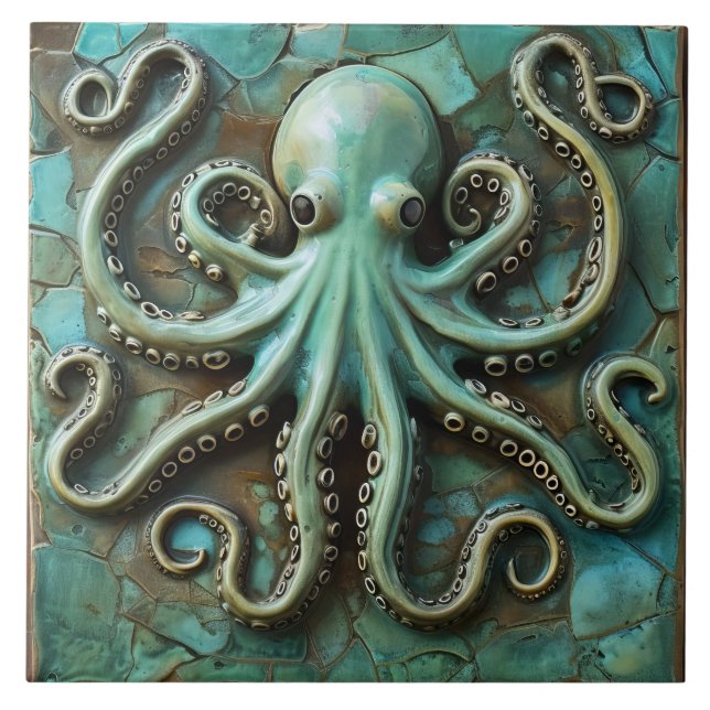 Green Marine Octopus 3D Effect Aquatic Tile (Front)