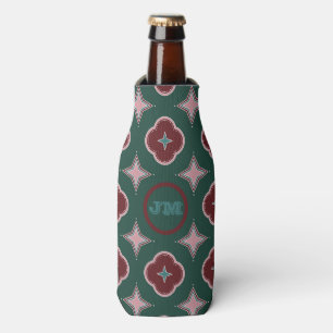 Green Maroon & Pink Elegant Tile Pattern Monogram Bottle Cooler