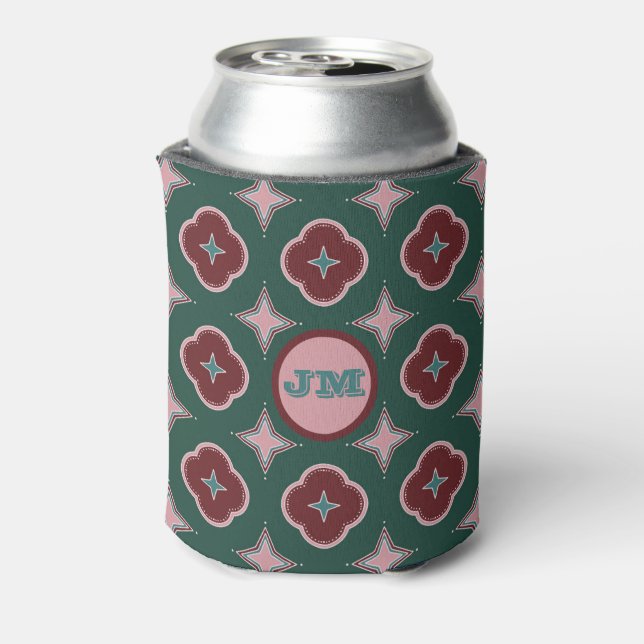 Green Maroon & Pink Elegant Tile Pattern Monogram Can Cooler (Can Back)
