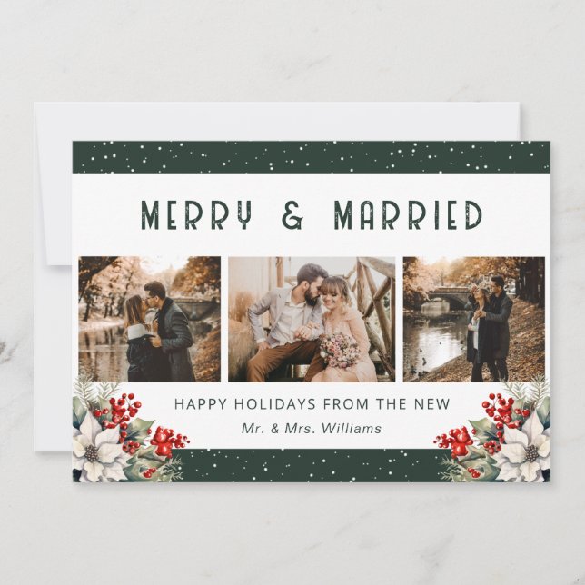 Green Married Newlywed Botanical Photo Holiday Card (Front)