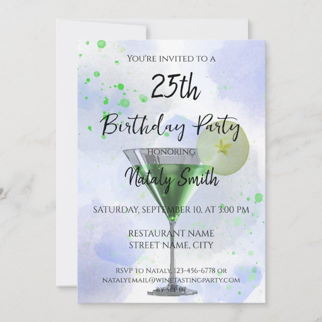 Green martini cocktail on white invitation (Front)