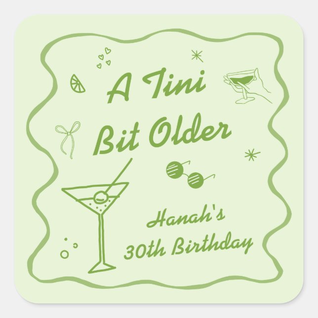 Green Martini themed Birthday Party Square Sticker (Front)