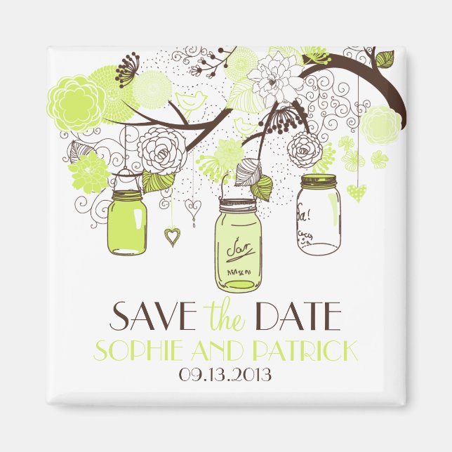 Green Mason Jars & Flowers Save the Date Magnet (Front)
