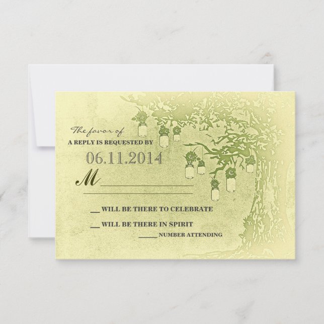 green mason jars tree rustic wedding rsvp cards (Front)