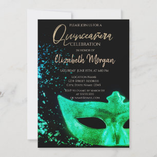 Green Masque,Confetti  Quinceañera  Invitation
