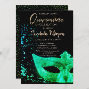 Green Masque,Confetti Quinceañera Invitation