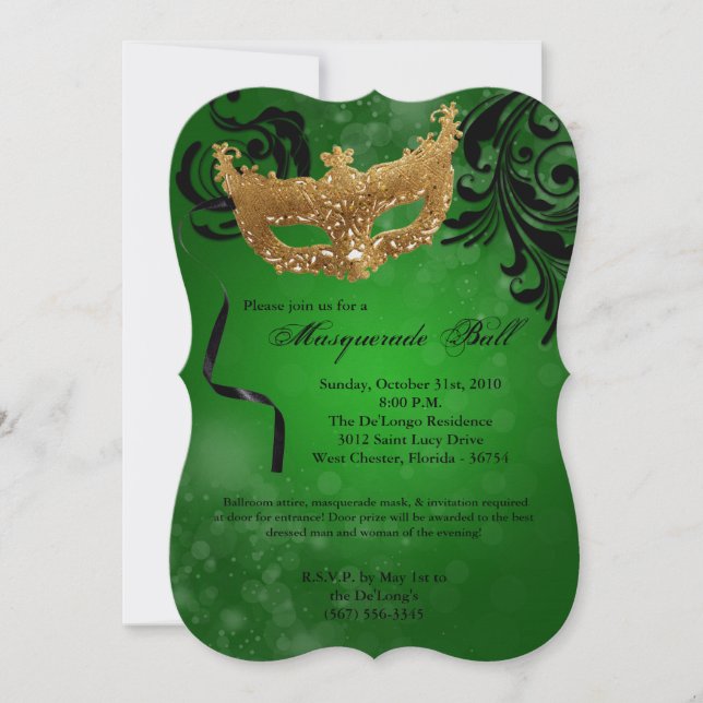 Green Masquerade Ball Mask Costume Halloween Part Invitation (Front)