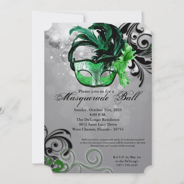 Green Masquerade Ball Mask Costume Halloween Part Invitation (Front)