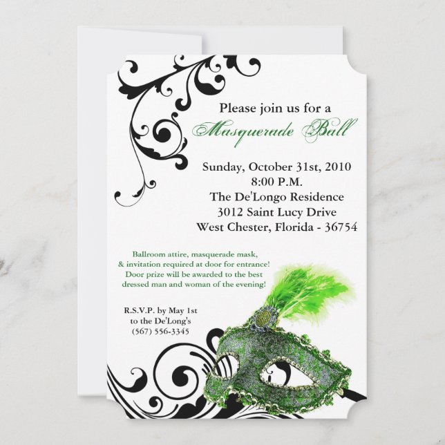Green Masquerade Ball Mask Costume Halloween Part Invitation (Front)