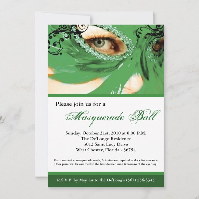 Green Masquerade Mask Ball Costume Halloween Invitation (Front)