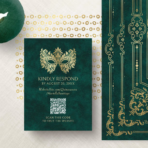Green Masquerade Mask Quinceanera QR RSVP Enclosure Card