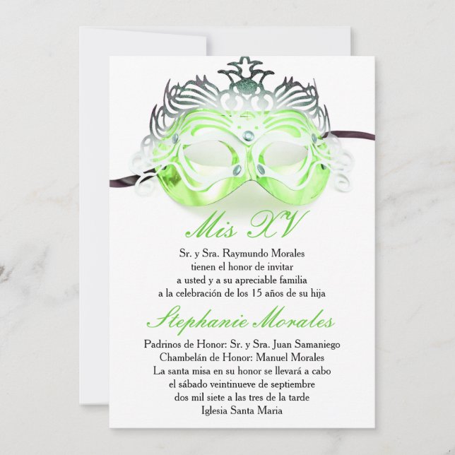 Green Masquerade Quinceanera Birthday Invitation (Front)