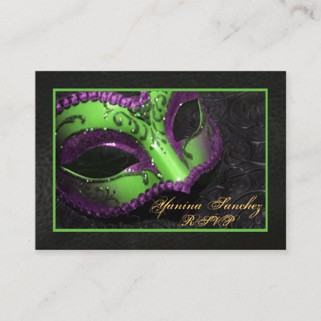 Green Masquerade RSVP Business Cards (Front)