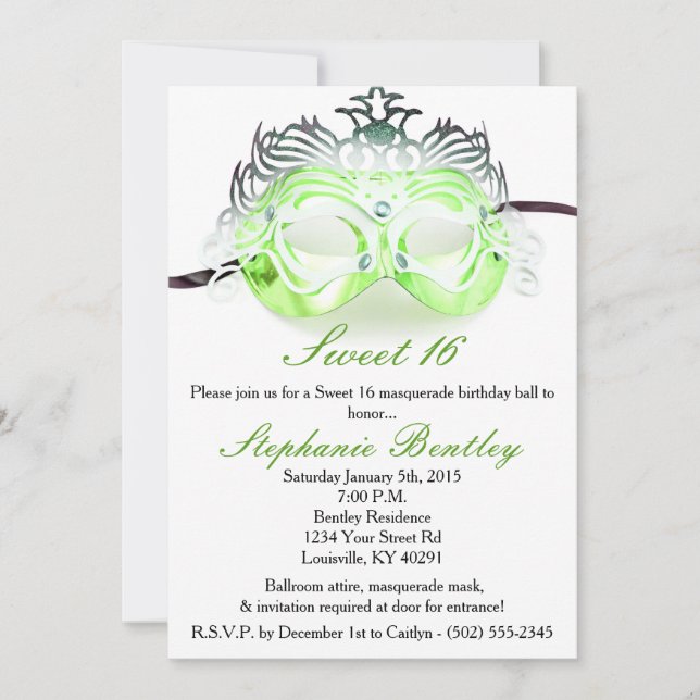 Green Masquerade Sweet 16 Birthday Invitation (Front)