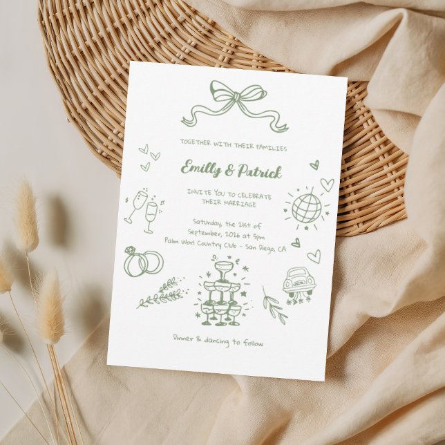 Green Matcha Whimsical Retro Doodle Wedding Invitation (Creator Uploaded)