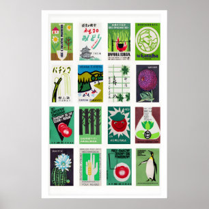 Green Matchbox Labels Grid, Vintage Ephemera Art Poster