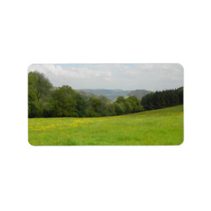 Green meadow. Countryside scenery. Label