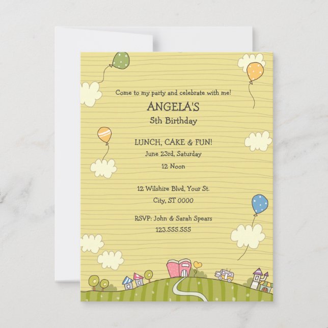 Green Meadows Children's Birthday Party Invitation (Front)