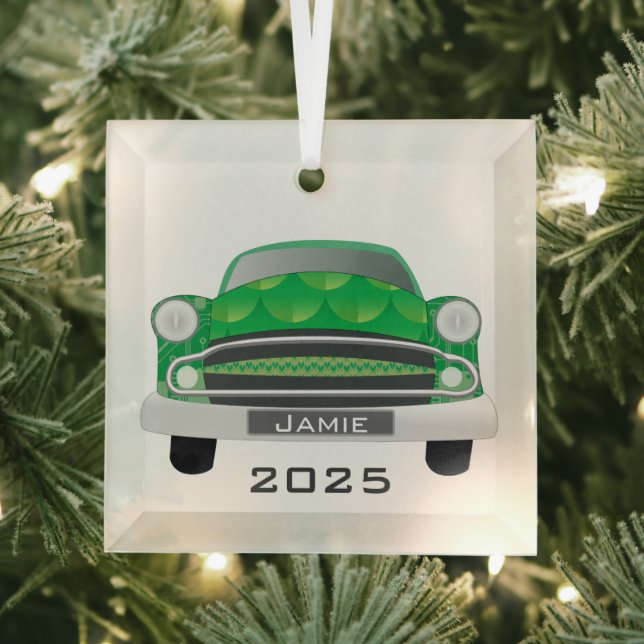 Green Mean Retro Car Baby Boy 1st Christmas Glass Tree Decoration (Insitu)