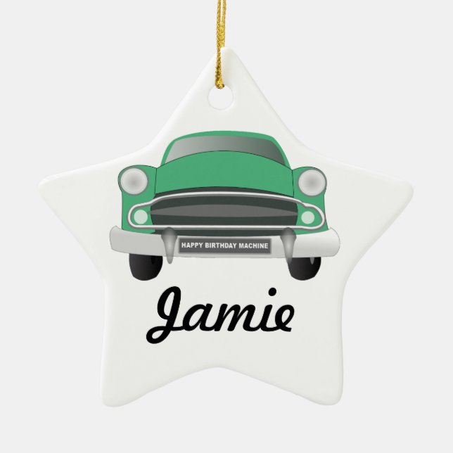 Green Mean Retro Car Boy's Birthday Ceramic Tree Decoration (Front)