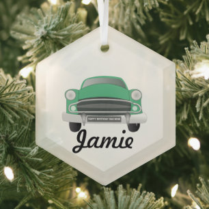 Green Mean Retro Car Boy's Birthday Glass Tree Decoration