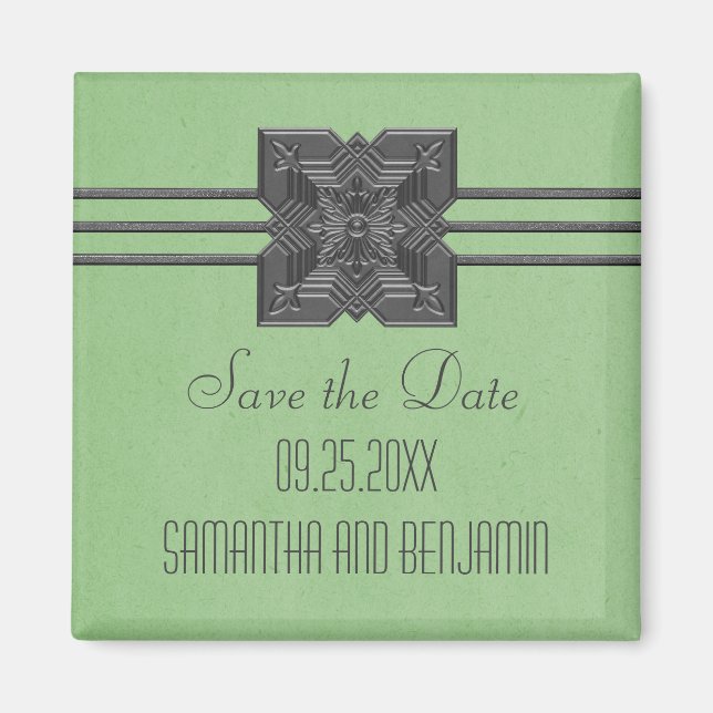 Green Medallion Border Save the Date Magnet (Front)