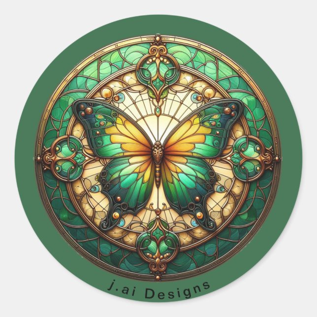 Green Medallion Butterfly Classic Round Sticker (Front)