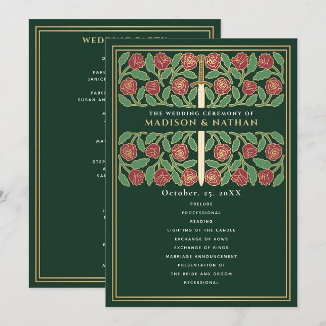 Green Mediaeval Gold Floral Sword Royal Wedding Programme (Front/Back)