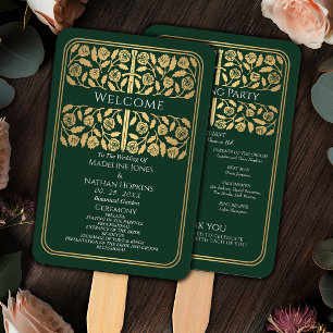 Green Mediaeval Gold Sword Royal Wedding Program Hand Fan
