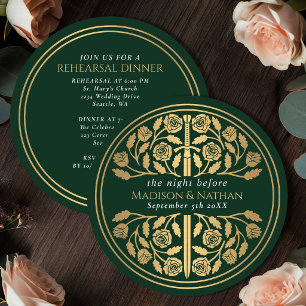 Green Mediaeval Gold Sword Royal Wedding Rehearsal Invitation