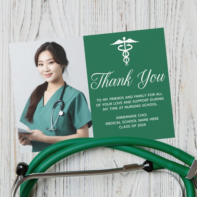 Green Medical School Graduation Photo Custom Thank You Card (Creator Uploaded)