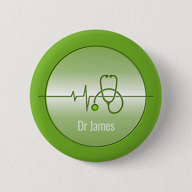 Green Medical Stethoscope Heartbeat 6 Cm Round Badge (Front)