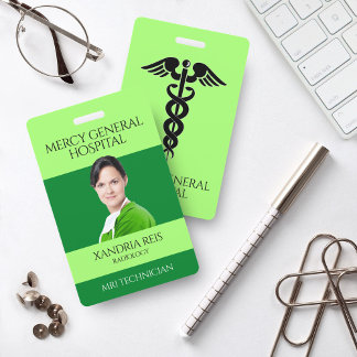 Green Medical Technician Caduceus Hospital Badge ID Badge