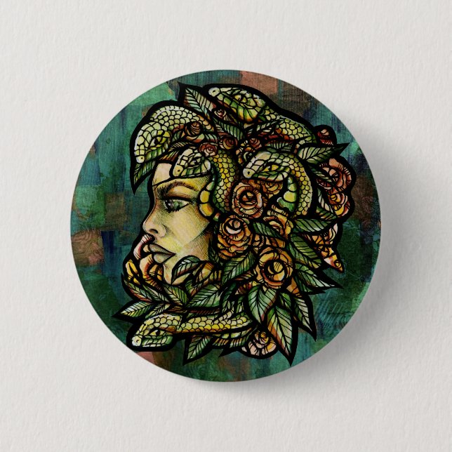 Green Medusa Snakes Rose Gorgon                    6 Cm Round Badge (Front)