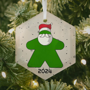 Green Meeple Santa Custom Year Family Board Game Glass Tree Decoration