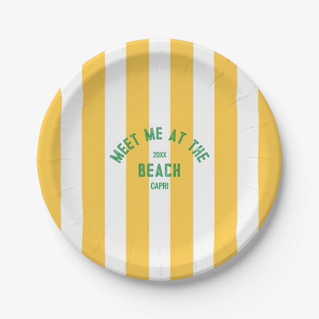 Green Meet Me At The Beach Yellow Stripe Paper Plate (Front)