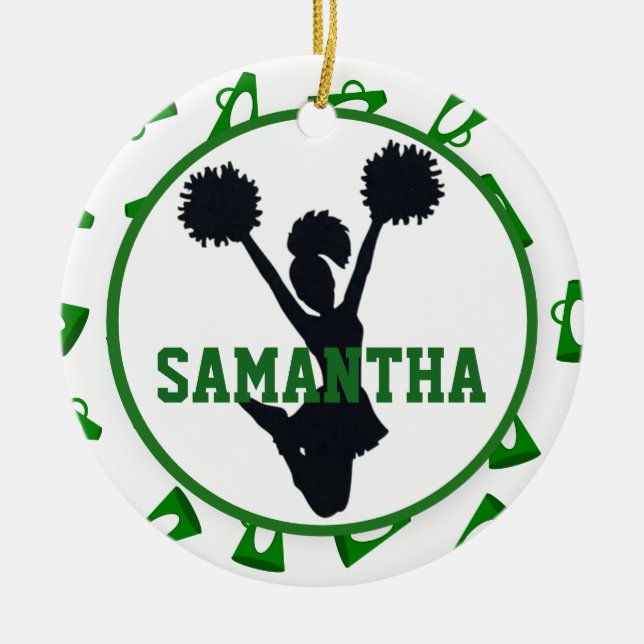 Green Megaphones and Cheerleader Personalised Ceramic Tree Decoration (Front)