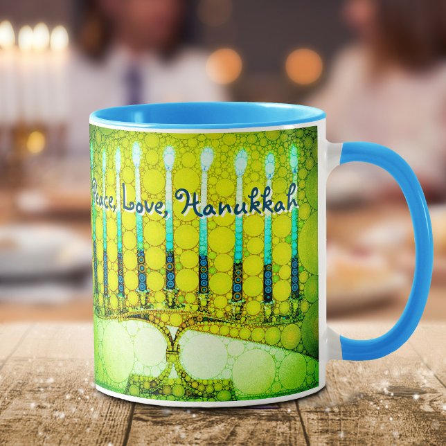 Green Menorah Peace Love Hanukkah Modern Script Mug (Creator Uploaded)