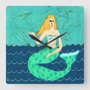Green Mermaid Abstract Art Square Wall Clock