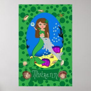 Green Mermaid and Dolphin Print