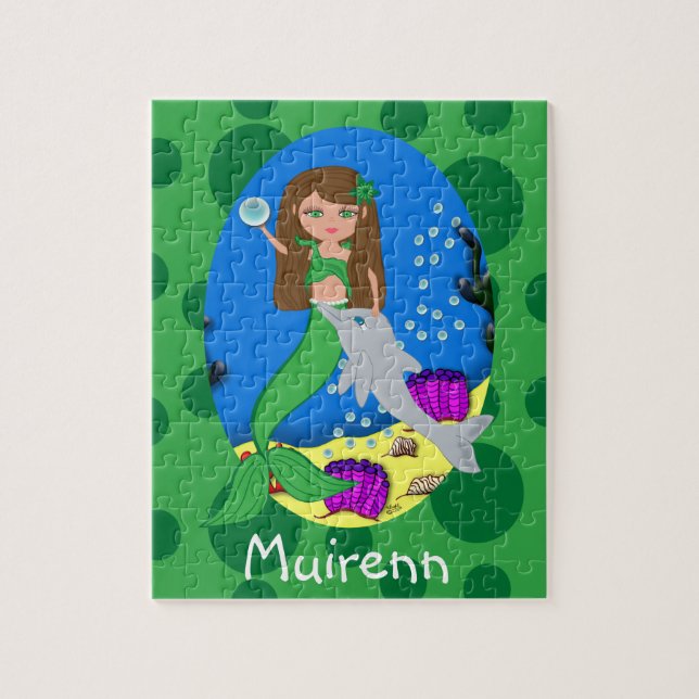 Green Mermaid in the Ocean with a Dolphin Jigsaw Puzzle (Vertical)
