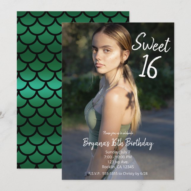 Green Mermaid Modern Photo Sweet 16 Party    Invitation (Front/Back)