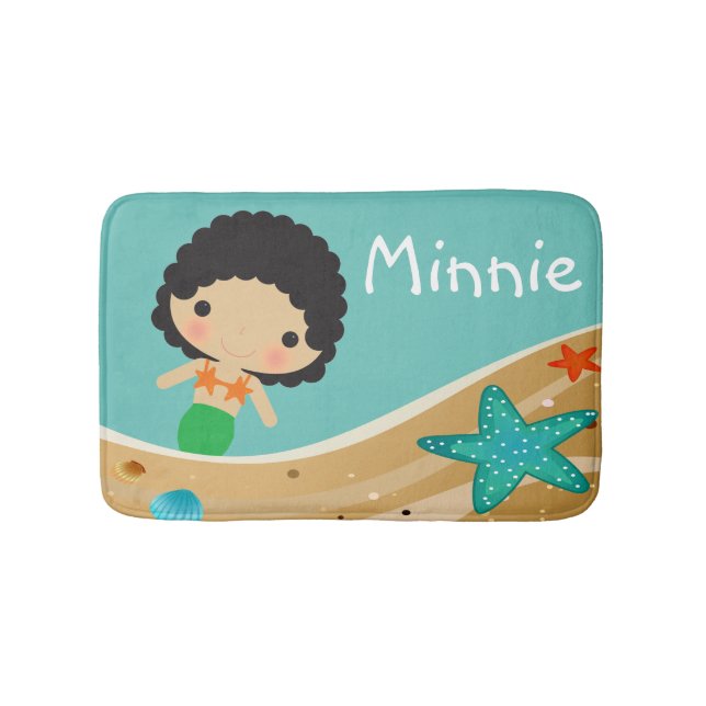 Green Mermaid with Curly Black Hair Personalise Bath Mat (Front)
