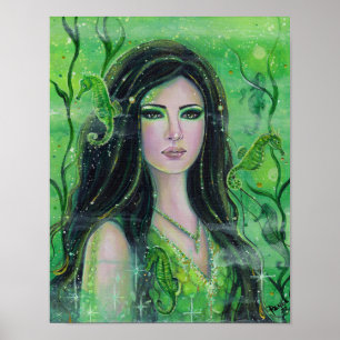 Green mermaid with seahorses by Renee Lavoie Poster