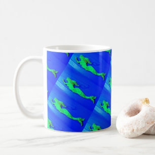 green mermaids swimming blue coffee mug