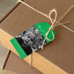 Green "Merry and Bright" Photo Christmas Gift Tags