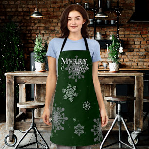 Green Merry and Bright Snowflakes Christmas Apron